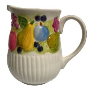 Libbey 2001 Ceramic Pitcher White with Hand Painted Fruit Colors 8 x 5.25 inches